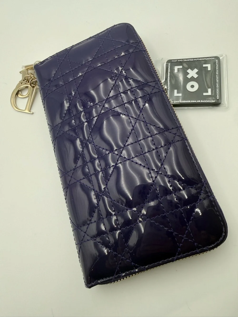Dior Patent Quilted Zip Wallet in Deep Purple with Gold Charms